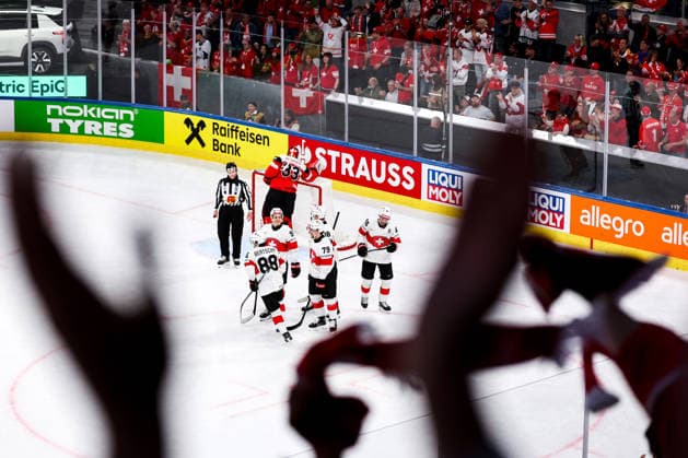 Ice hockey, Eishockey - IIHF WC 2026 ZURICH,SWITZERLAND,20.MAY.26 - ICE HOCKEY - IIHF Ice Hockey World Championship, WM, Weltmeisterschaft 2026, group stage, Austria vs Switzerland. Image shows the rejoicing of Switzerland.  GEPAxpictures xMaticxKlansek