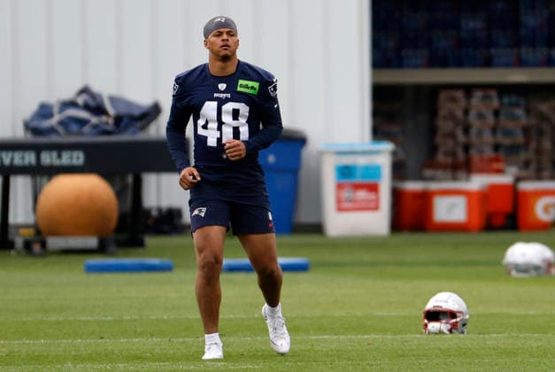FOXBOROUGH, MA - MAY 09: Namdi Obiazor 48 of the New England Patriots during New England Patriots rookie camp on May 9, 2026, at Gillette Stadium in Foxborough, Massachusetts. (Photo by Fred Kfoury III Icon Sportswire) NFL, American Football Herren, USA MAY 09 New England Patriots Workout EDITORIAL USE ONLY Icon482260509059