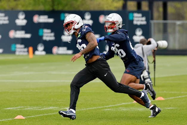 FOXBOROUGH, MA - MAY 09: Kenneth Harris 36 of the New England Patriots and Malcolm Greene 26 of the New England Patriots run a drill during New England Patriots rookie camp on May 9, 2026, at Gillette Stadium in Foxborough, Massachusetts. (Photo by Fred Kfoury III Icon Sportswire) NFL, American Football Herren, USA MAY 09 New England Patriots Workout EDITORIAL USE ONLY Icon482260509081