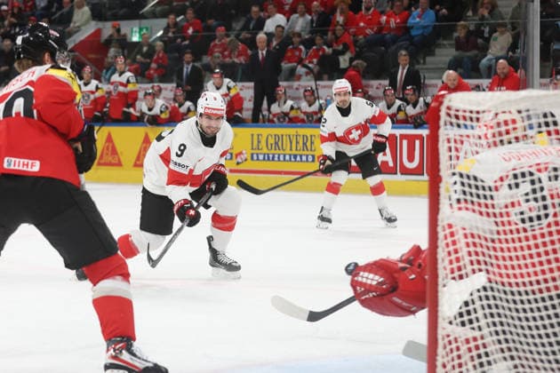 20.05.2026 Swiss Life Arena Zuerich , SCHWEIZ, Herren IIHF World Championship, WM, Weltmeisterschaft Zurich 2026 Gruppe A Oesterreich - Schweiz Damien Riat (SUI) trifft zum 8:0