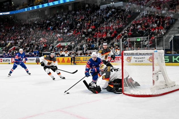 ZURICH, SWITZERLAND - MAY 20: Matt Coronato of United States tries to score against goalkeeper Philipp Grubauer of Germany during the 2026 IIHF Ice hockey, Eishockey World Championship, WM, Weltmeisterschaft Switzerland game between USA and Germany at Swiss Life Arena on May 20, 2026 in Zurich, Zurich. Zurich Swiss Life Arena Zurich Switzerland Copyright: xJustPictures.ch AndreaxBrancax jp-en-EuSpIm-JP7_ANB_USA_Ger_20052026_7772