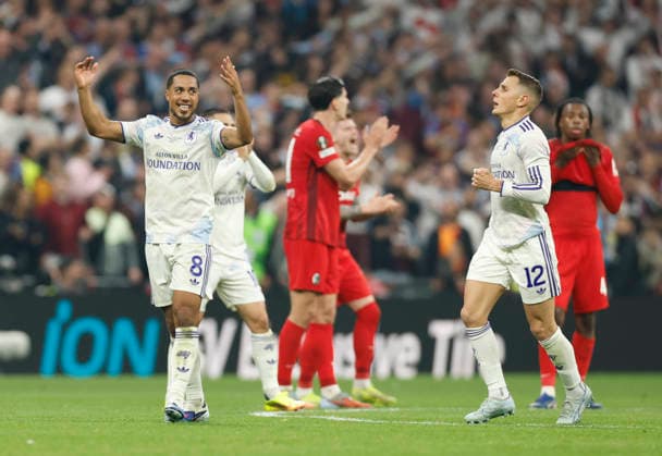 Istanbul, Turkey, 20th May 2026. Youri Tielemans of Aston Villa celebrates scoring the first goal during the SC Freiburg vs Aston Villa UEFA Europa League Final match at Besiktas Park, Istanbul. Picture credit should read: Cody Froggatt Sportimage EDITORIAL USE ONLY. No use with unauthorised audio, video, data, fixture lists, club league logos or live services. Online in-match use limited to 120 images, no video emulation. No use in betting, games or single club league player publications. SPI_075_CF_Frieburg_Aston_Villa SPI-4796-0105