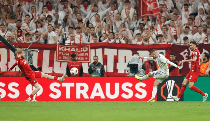 Istanbul, Turkey, 20th May 2026. Emiliano Buendia of Aston Villa scores the second goal during the SC Freiburg vs Aston Villa UEFA Europa League Final match at Besiktas Park, Istanbul. Picture credit should read: Cody Froggatt Sportimage EDITORIAL USE ONLY. No use with unauthorised audio, video, data, fixture lists, club league logos or live services. Online in-match use limited to 120 images, no video emulation. No use in betting, games or single club league player publications. SPI_077_CF_Frieburg_Aston_Villa SPI-4796-0107