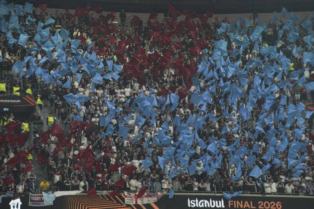 ISTANBUL, TURKEY - MAY 20: Aston Villa FC fans in action during the UEFA Europa League Final 2026 match between SC Freiburg and Aston Villa FC at Besiktas Park on May 20, 2026 in Istanbul, Turkey. (Photo by Alexandra Fechete Sports Press Photo) Copyright: xAlexandraxFechete SportsxPressxPhotox Sportspressphoto_SPR150638
