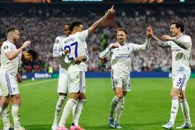 Aston Villa players celebrating score a goal seen during the UEFA Europa League 2026 final game between teams of SC Freiburg and Aston Villa FC (Maciej Rogowski Ball Raw Images) Istanbul Besiktas Stadium Turkey Copyright: xMaciejxRogowskix ROG_FRE_AST_2526-5