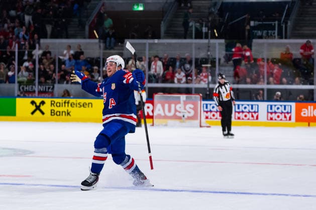 ZURICH, SWITZERLAND - MAY 20: Ryan Leonard (United States, 9) during his winning goal celebration in Overtime during the Preliminary Round - Group A Match 27 between United States and Germany at the IIHF Ice hockey, Eishockey World Championship, WM, Weltmeisterschaft 2026, Swiss Life Arena on May 20, 2026 in Zurich, Switzerland. Zurich Switzerland Copyright: xTimoxSteinx