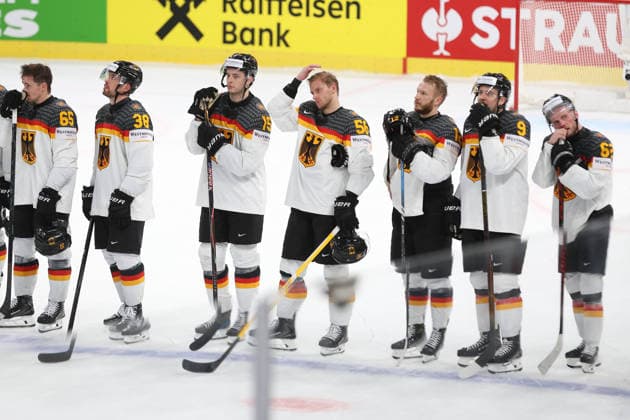 20.05.2026 Swiss Life Arena Zuerich , SCHWEIZ, Herren IIHF World Championship, WM, Weltmeisterschaft Zurich 2026 Gruppe A USA - Deutschland vl. Marc Michaelis, Fabio Wagner, Stefan Loibl, Manuel Wiederer,Eric Mik, Leon Gawanke und Parker Tuomie (GER)