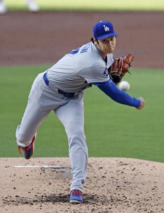 Baseball: Dodgers vs. Padres Los Angeles Dodgers two-way player Shohei Ohtani pitches during a baseball game against the San Diego Padres at Petco Park in San Diego, California, on May 20, 2026.  A14AA0005592509P