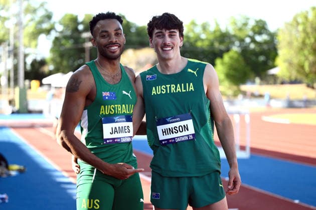 ATHLETICS OCEANIA CHAMPIONSHIPS, Shemaiah James (left) and Aiden Hinson of Australia celebrate following the Men™s Triple Jump during the 2026 Oceania Athletics Championships at Arafura Stadium, Darwin, Thursday, May 21, 2026. ( NO ARCHIVING DARWIN NORTHERN TERRITORY AUSTRALIA  Copyright: xJOELxCARRETTx 20260521151327448496