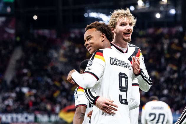 LEIPZIG, GERMANY - NOVEMBER 17: Forzan Assan Ouedraogo (Germany, 9) celebrates scoring the 6:0 goal with his teammates during the FIFA World Cup, WM, Weltmeisterschaft, Fussball UEFA Qualifiers between Germany vs. Slovakia at Red Bull Arena on matchday 10 of the FIFA World Cup UEFA Qualifiers on November 17, 2025 in Leipzig, Germany. Saxony Germany Copyright: xSteffiexWunderlx