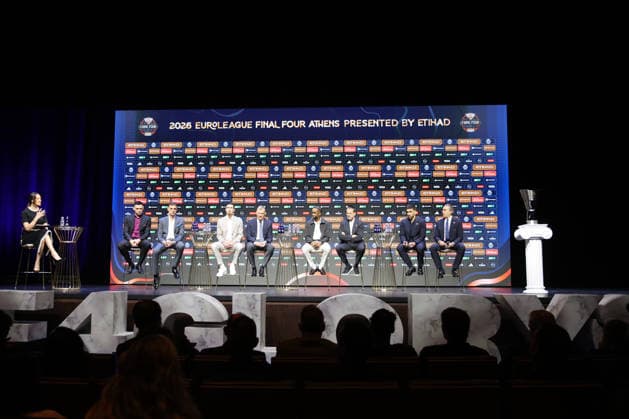 EuroLeague Final Four press conference, PK, Pressekonferenz held in Athens ahead of tournament ATHENS, GREECE - MAY 21: A view from the pre-tournament press conference ahead of the EuroLeague Final Four at the Onassis Foundation in Athens, Greece, on May 21, 2026. The head coaches and players from the participating teams—defending champions Fenerbahce Beko, Olympiacos, Real Madrid, and Valencia Basket—attended the official media event ahead of the championship battles. Ayhan Mehmet Anadolu Athens Greece. Editorial use only. Please get in touch for any other usage.  Copyright: x2026xAnadoluxAyhanxMehmetx