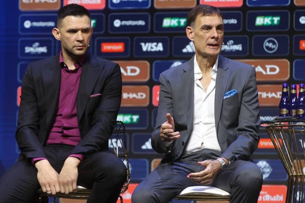 EuroLeague Final Four press conference, PK, Pressekonferenz held in Athens ahead of tournament ATHENS, GREECE - MAY 21: Olympiakos Head Coach Georgios Bartzokas (R) and player Kostas Papanikolaou (L) attend the pre-tournament press conference ahead of the EuroLeague Final Four at the Onassis Foundation in Athens, Greece, on May 21, 2026. The official media event brought together the head coaches and players from the participating teams—defending champions Fenerbahce Beko, Olympiacos, Real Madrid, and Valencia Basket—ahead of the championship battles. Ayhan Mehmet Anadolu Athens Greece. Editorial use only. Please get in touch for any other usage.  Copyright: x2026xAnadoluxAyhanxMehmetx