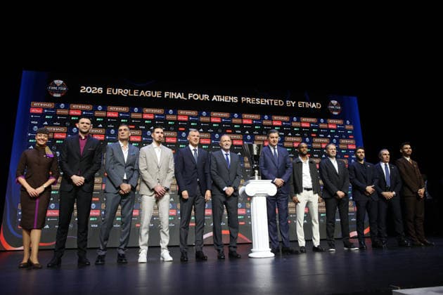 EuroLeague Final Four press conference, PK, Pressekonferenz held in Athens ahead of tournament ATHENS, GREECE - MAY 21: A view from the pre-tournament press conference ahead of the EuroLeague Final Four at the Onassis Foundation in Athens, Greece, on May 21, 2026. The head coaches and players from the participating teams—defending champions Fenerbahce Beko, Olympiacos, Real Madrid, and Valencia Basket—attended the official media event ahead of the championship battles. Ayhan Mehmet Anadolu Athens Greece. Editorial use only. Please get in touch for any other usage.  Copyright: x2026xAnadoluxAyhanxMehmetx