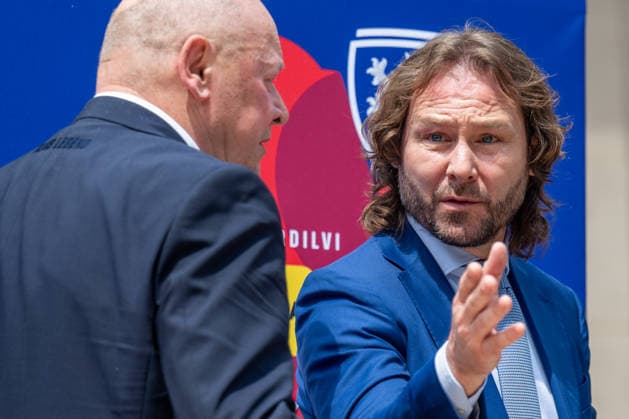 Coach Miroslav Koubek, left, and General Manager of the Czech National Soccer Team Pavel Nedved attend a press conference, PK, Pressekonferenz announcing the Czech national team, Nationalteam s roster ahead of the World Cup, Prague, May 21, 2026. (CTKxPhoto OndrejxDeml) CTKPhotoP2026052104254  CTKPhotoP2026052104254