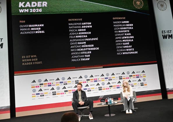21.05.2026, xsltx, Fussball DFB-Medientermine, Pressekonferenz WM Kader 2026 v.l. Der Kader für die WM 2026, unten Julian Nagelsmann (Bundestrainer Deutsche Nationalmannschaft), Franziska Wülle (Pressesprecherin DFB) (DFL DFB REGULATIONS PROHIBIT ANY USE OF PHOTOGRAPHS as IMAGE SEQUENCES and or QUASI-VIDEO)