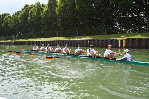 Der Deutschlandachter mit Schlagmann Soenke KRUSE (Sönke) Julius CHRIST, Tassilo von MUELLER (Von Müller), Tobias STRANGEMANN Olaf ROGGENSACK, Mattes SCHOENHERR (Schönherr), Paul KLAPPERICH, Theis HAGEMEISTER, Steuermann Jonas WIESEN, beim Training auf dem Dortmund-Ems-Kanal, Rudern, Praesentation Deutschland-Achter der Saison 2026, am 21.05.2026 in Dortmund Deutschland. Â