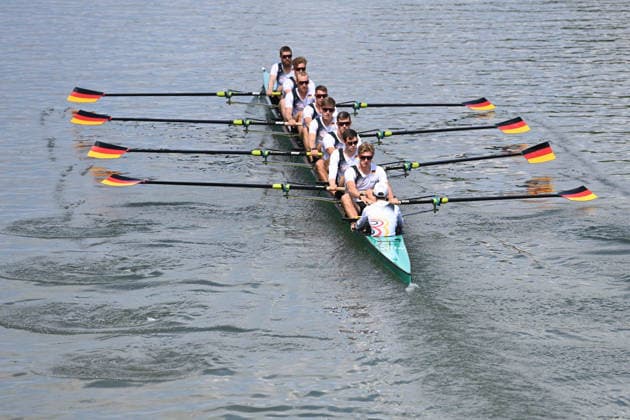 Der Deutschlandachter mit Schlagmann Soenke KRUSE (Sönke) Julius CHRIST, Tassilo von MUELLER (Von Müller), Tobias STRANGEMANN Olaf ROGGENSACK, Mattes SCHOENHERR (Schönherr), Paul KLAPPERICH, Theis HAGEMEISTER, Steuermann Jonas WIESEN, beim Training auf dem Dortmund-Ems-Kanal, Rudern, Praesentation Deutschland-Achter der Saison 2026, am 21.05.2026 in Dortmund Deutschland. Â