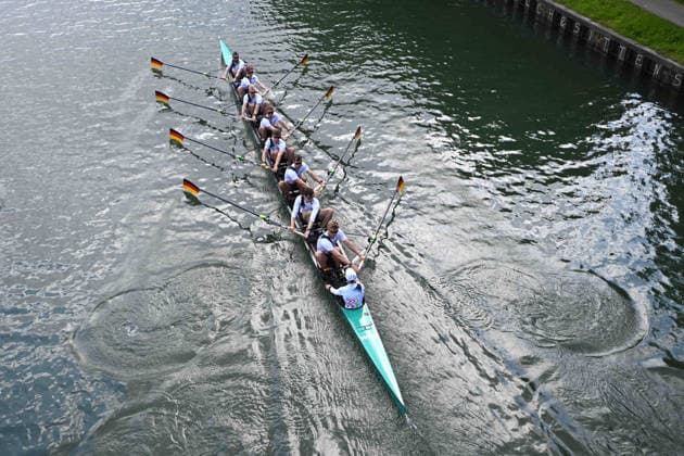 Der Deutschlandachter mit Schlagmann Soenke KRUSE (Sönke) Julius CHRIST, Tassilo von MUELLER (Von Müller), Tobias STRANGEMANN Olaf ROGGENSACK, Mattes SCHOENHERR (Schönherr), Paul KLAPPERICH, Theis HAGEMEISTER, Steuermann Jonas WIESEN, beim Training auf dem Dortmund-Ems-Kanal, Rudern, Praesentation Deutschland-Achter der Saison 2026, am 21.05.2026 in Dortmund Deutschland. Â
