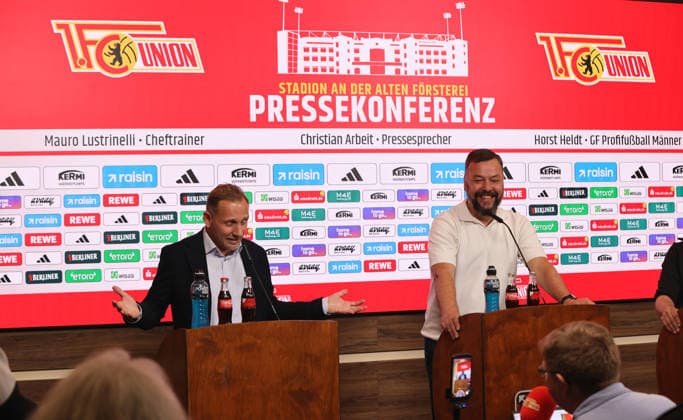Trainer Mauro Lustrinelli, Pressesprecher Christian Arbeit PK Pressekonferenz zur Vorstellung des neuen Cheftrainers Fußball Fussball Bundesliga Herren DFL Saison 2025 2026 21.05.2026 1.FC Union Berlin FCU DFL regulations prohibit any use of photographs as image sequences and or quasi-video.