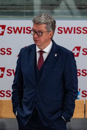 ZURICH, SWITZERLAND - MAY 21: Harijs Vitolins (Latvia, Head-Coach) during warm up before the Preliminary Round - Group A Match 29 between Latvia and Finland at the IIHF Ice hockey, Eishockey World Championship, WM, Weltmeisterschaft 2026, Swiss Life Arena on May 21, 2026 in Zurich, Switzerland. Zurich Switzerland Copyright: xTimoxSteinx