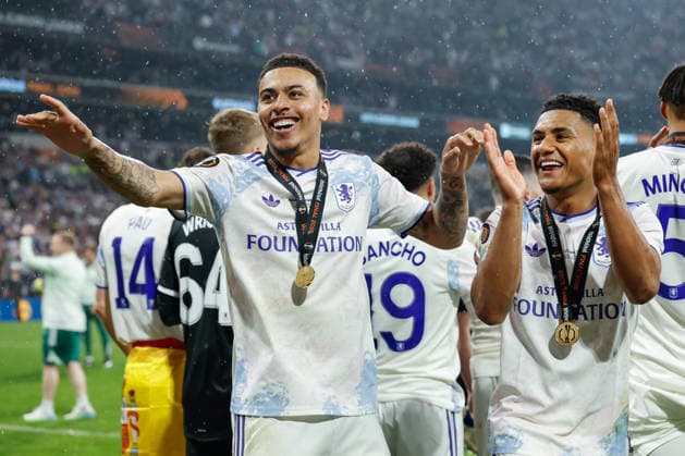 Istanbul, Turkey, 20th May 2026. Morgan Rogers (left) and Ollie Watkins (right) of Aston Villa celebrate victory following the SC Freiburg vs Aston Villa UEFA Europa League Final match at Besiktas Park, Istanbul. Picture credit should read: Cody Froggatt Sportimage EDITORIAL USE ONLY. No use with unauthorised audio, video, data, fixture lists, club league logos or live services. Online in-match use limited to 120 images, no video emulation. No use in betting, games or single club league player publications. SPI_251_CF_Frieburg_Aston_Villa SPI-4796-0351