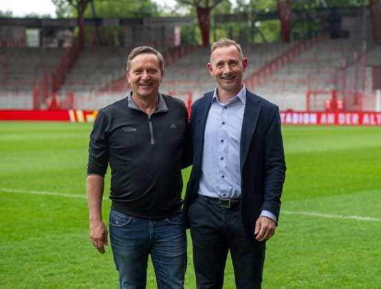Fußball, Herren, Saison 2025 2026, 1. Bundesliga, 1. FC Union Berlin, Pressekonferenz, Profifußball-Geschäftsführer Horst Heldt (1. FC Union Berlin), Trainer Mauro Lustrinelli (1. FC Union Berlin) im Stadion An der Alten Försterei, 21.05. 2026, Copyright: xMatthiasxKochx
