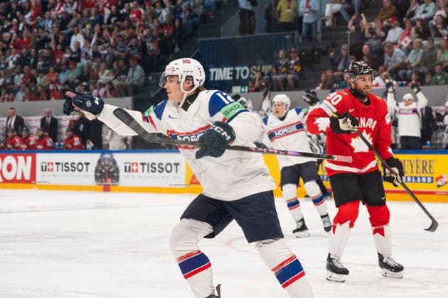 FRIBOURG, FRIBOURG - MAY 21: Noah Steen of Norway celebrates after scoring during the 2026 IIHF World Championship, WM, Weltmeisterschaft Preliminary Round Group B match between Canada and Norway at BCF Arena on May 21, 2026 in Fribourg, Fribourg, Switzerland. Copyright: xLivioxBaeriswylx xSPPx Sportspressphoto_SPR151116