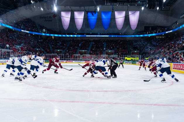 ZURICH, SWITZERLAND - MAY 21: The two Team fighting for the puck during the Preliminary Round - Group A Match 29 between Latvia and Finland at the IIHF Ice hockey, Eishockey World Championship, WM, Weltmeisterschaft 2026, Swiss Life Arena on May 21, 2026 in Zurich, Switzerland. Zurich Switzerland Copyright: xTimoxSteinx