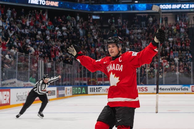 FRIBOURG, FRIBOURG - MAY 21: Macklin Celebrini of Canada celebrates the overtime victory during the 2026 IIHF World Championship, WM, Weltmeisterschaft Preliminary Round Group B match between Canada and Norway at BCF Arena on May 21, 2026 in Fribourg, Fribourg, Switzerland.  Copyright: xLivioxBaeriswylx xSPPx Sportspressphoto_SPR151136