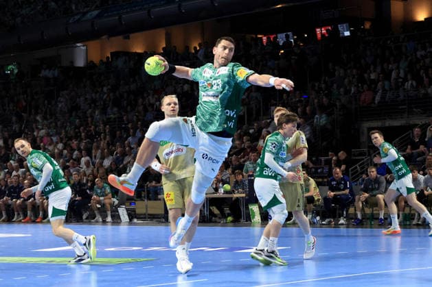DEU, DHB, 1.HBL, Fuechse Berlin vs. Hannover Burgdorf, 21.05.2026, Max-Schmeling-Halle, Berlin, DEU, DHB, 1.HBL, Fuechse Berlin vs. Hannover Burgdorf, im Bild Mijajlo Marsenic (Fuechse Berlin 93), Justus Fischer (Hannover-Burgdorf 54)