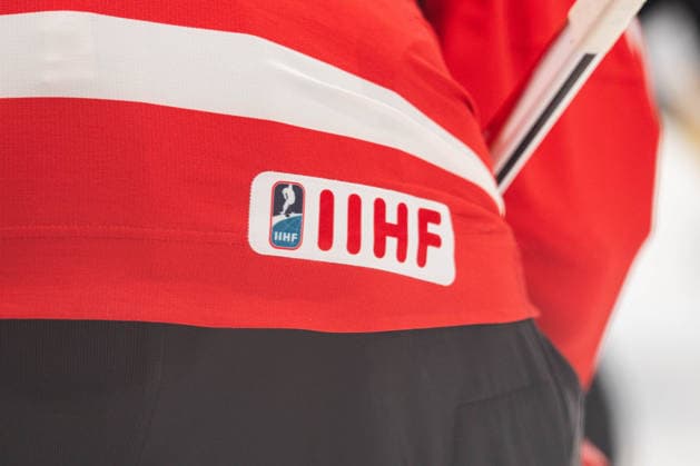 FRIBOURG, FRIBOURG - MAY 21: The IIHF logo is seen on the Canada jersey during the 2026 IIHF World Championship, WM, Weltmeisterschaft Preliminary Round Group B match between Canada and Norway at BCF Arena on May 21, 2026 in Fribourg, Fribourg, Switzerland. Copyright: xLivioxBaeriswylx xSPPx Sportspressphoto_SPR151146
