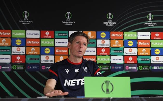 UEFA Conference League Final - Crystal Palace FC Media Open Day LONDON, ENGLAND, MAY 21: Oliver Glasner manager of Crystal Palace talking to the media in his press conference, PK, Pressekonferenz during the Crystal Palace FC UEFA Conference League Final Media Open Day at Crystal Palace FC Training Ground, London, England, on May 21. (Photo by Daniel Weir) London Crystal Palace FC Training Ground England Copyright: xDanielxWeir SportsxPressxPhotox Sportspressphoto_SPR151165