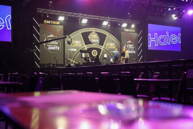 RECORD DATE NOT STATED 21st May 2026, Utilita Arena, Sheffield, Yorkshire, England; 2026 PDC Bet MGM Premier League Darts Night Sixteen; The stage is set ahead of Premier League Darts Night 16 AidanxHunter