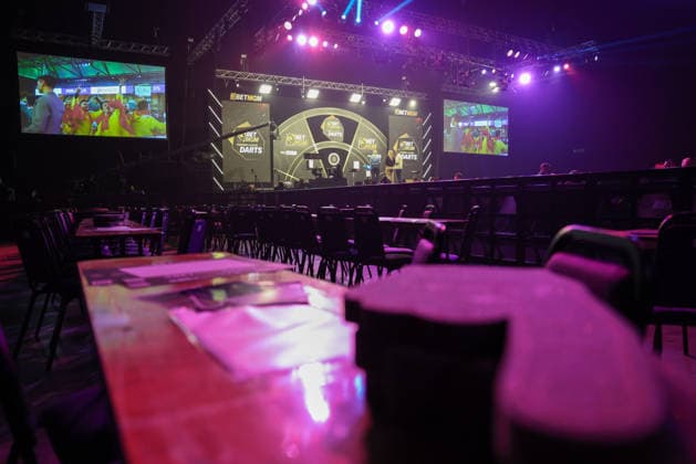 RECORD DATE NOT STATED 21st May 2026, Utilita Arena, Sheffield, Yorkshire, England; 2026 PDC Bet MGM Premier League Darts Night Sixteen; The stage is set ahead of Premier League Darts Night 16 AidanxHunter