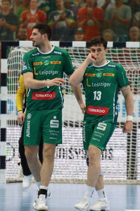 Deutschland: Handballbundesliga 2025 - 2026, 32. Spieltag - SC DHfK Leipzig gegen MT Melsungen, Quarterback Immobilien Arena (Leipzig): Matej Klima MatÄ›j Klima (SC DHfK Leipzig, 13) und Marko Mamic MamiÄ‡ (SC DHfK Leipzig, 14) Copyright: xLucasxWalterx