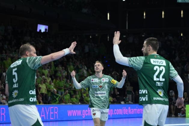 21.05.2026, xlakx, Handball Daikin HBL, Fuechse Berlin - TSV Hannover-Burgdorf v.l. Max Darj (Fuechse Berlin), Mathias Gidsel (Fuechse Berlin), Nejc Cehte (Fuechse Berlin) Jubel Berlin