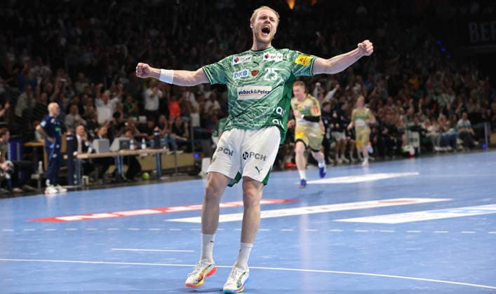 Matthes Langhoff jubelt nach Tor Freude Emotion Jubel Handball HBL Bundesliga Herren 32. Spieltag Saison 2025 2026 21.05.2026 Füchse Berlin vs TSV Hannover Burgdorf