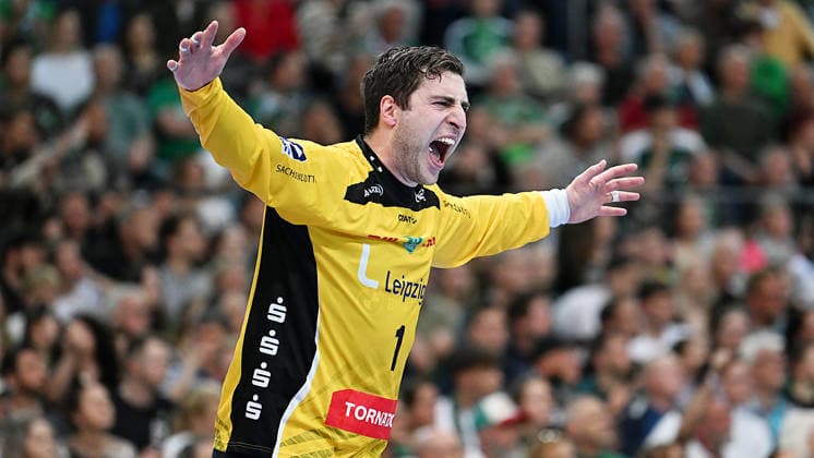 Handball-Bundesliga, Saison 2025 2026, 32. Spieltag, SC DHfK Leipzig vs. MT Melsungen (21.05.2026) Jubel bei Domenico Ebner (Torhüter Tormann DHfK Leipzig, Rückennumer 1) beim Handball-Bundesliga-Spiel DHfK Leipzig gegen MT Melsungen (21.05.2026) Leipzig Sachsen Deutschland QUARTERBACK Immobilien Arena Am Sportforum 2
