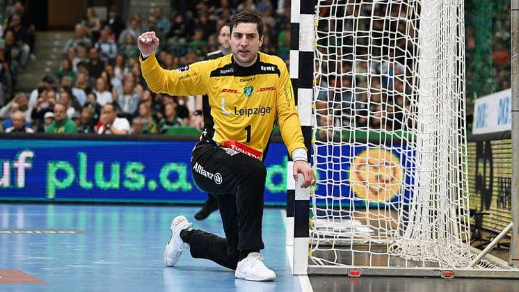 Handball-Bundesliga, Saison 2025 2026, 32. Spieltag, SC DHfK Leipzig vs. MT Melsungen (21.05.2026) Jubel Domenico Ebner (Torhüter Tormann DHfK Leipzig, Rückennumer 1) beim Handball-Bundesliga-Spiel DHfK Leipzig gegen MT Melsungen (21.05.2026) Leipzig Sachsen Deutschland QUARTERBACK Immobilien Arena Am Sportforum 2