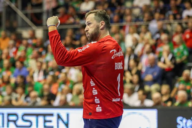 21.05.2026, xgox, Handball - Daikin HBL SC Magdeburg - SG Flensburg-Handewitt emspor, v.l. Benjamin Buric (Flensburg, 1) Jubelt ueber gehaltenen Ball, abgewehrt, gehalten, Torhueter Magdeburg