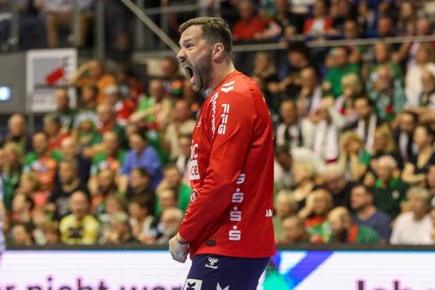 21.05.2026, xgox, Handball - Daikin HBL SC Magdeburg - SG Flensburg-Handewitt emspor, v.l. Benjamin Buric (Flensburg, 1) Jubelt ueber gehaltenen Ball, abgewehrt, gehalten, Torhueter Magdeburg
