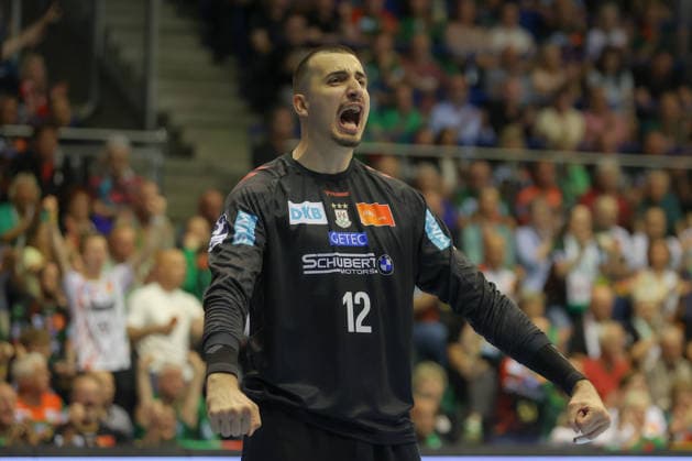 21.05.2026, xtgx, Handball, Daikin HBL, SC Magdeburg - SG Flensburg Handewitt v.l. Matej Mandic (Magdeburg, 12) Jubelt ueber gehaltenen Ball, abgewehrt, gehalten, Torhueter Magdeburg