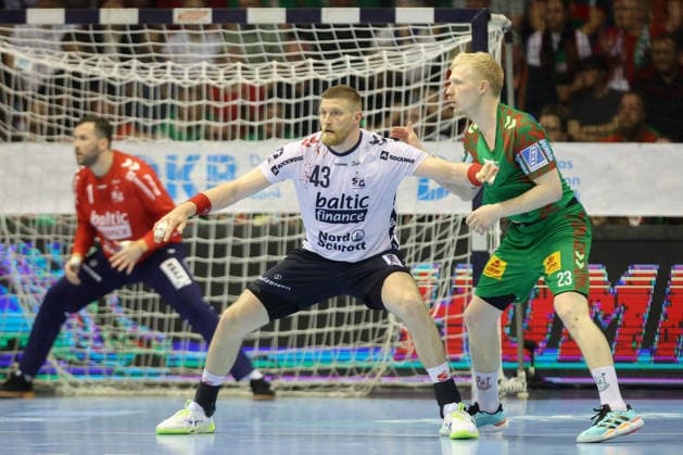 21.05.2026, xtgx, Handball, Daikin HBL, SC Magdeburg - SG Flensburg Handewitt v.l. Blaz Blagotsinek (Flensburg, 43), Magnus Saugstrup (Magdeburg, 23) Zweikampf, Duell, Kampf, tackle Magdeburg