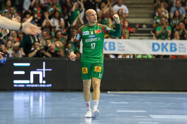 21.05.2026, xgox, Handball - Daikin HBL SC Magdeburg - SG Flensburg-Handewitt emspor, v.l. Tim Hornke (Magdeburg, 17) Jubel, Torjubel, jubelt ueber das Tor, celebrate the goal, celebration Magdeburg