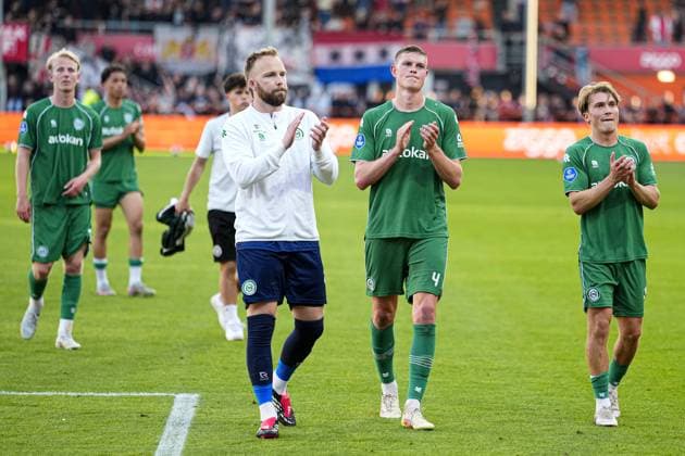 VOLENDAM , 21-05-2026 , Kras Stadium, season 2025 2026 , Play-offs for European football , Dutch Eredivisie Football . Match between Ajax and FC Groningen , picture shows FC Groningen goalkeeper Hidde Jurjus, FC Groningen player Dies Janse Ajax - Groningen (play off)  x203867628x Copyright: