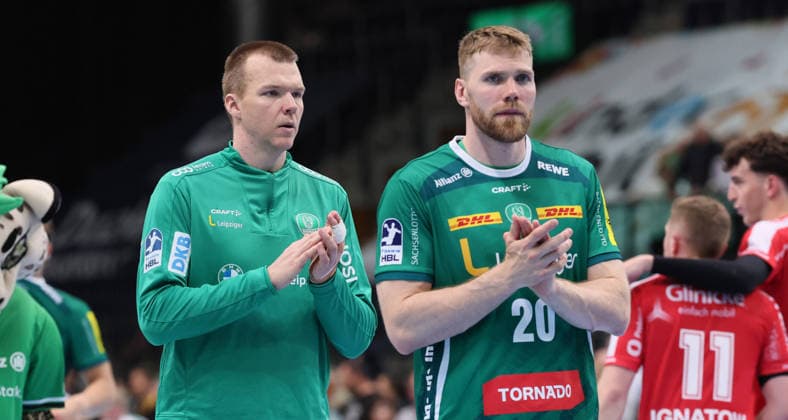 Leipzig, 21.05.2026, Arena Leipzig, Handball, Bundesliga, 32.Spieltag , SC DHfK Leipzig vs. MT Melsungen 27:33 (12:13), Im Bild; Enttäuschung bei Leipzig. Torwart Tomas Mrkva (16, Leipzig), William Bogojevic (20, Leipzig). , Nur zur redaktionellen Nutzung. Only editorial use. , DHB HBL regulations prohibit any use of photographs as image sequences and or quasi-video. ,