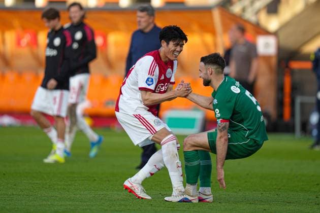 VOLENDAM , 21-05-2026 , Kras Stadium, season 2025 2026 , Play-offs for European football , Dutch Eredivisie Football . Match between Ajax and FC Groningen , picture shows Ajax player Takehiro Tomiyasu Ajax - Groningen (play off)  x203867662x Copyright: