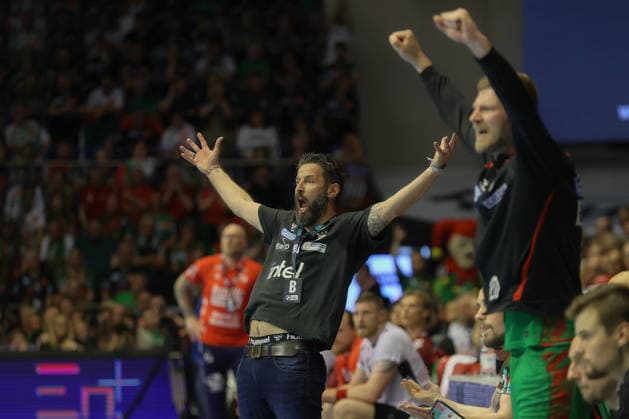 21.05.2026, xtgx, Handball, Daikin HBL, SC Magdeburg - SG Flensburg Handewitt v.l. Bennet Wiegert (Magdeburg, Trainer) Jubel, Torjubel, jubelt ueber das Tor, celebrate the goal, celebration Magdeburg