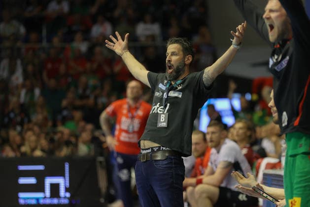 21.05.2026, xtgx, Handball, Daikin HBL, SC Magdeburg - SG Flensburg Handewitt v.l. Bennet Wiegert (Magdeburg, Trainer) Jubel, Torjubel, jubelt ueber das Tor, celebrate the goal, celebration Magdeburg