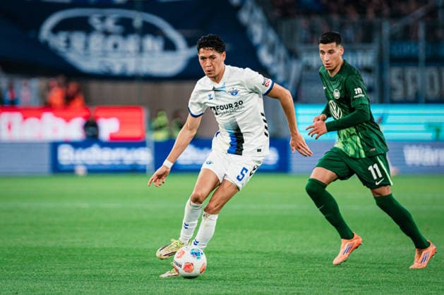 Relegation: VfL Wolfsburg vs. SC Paderborn, 21.05.2026 Santiago Castaneda (SC Paderborn 07, 5) am Ball; Fußball, 1. Bundesliga, Relegation, Hinspiel: VfL Wolfsburg vs. SC Paderborn am 21.05.2026 in der Volkswagen Arena, Wolfsburg DFL REGULATIONS PROHIBIT ANY USE OF PHOTOGRAPHS AS IMAGE SEQUENCES AND OR QUASI-VIDEO. Copyright: xBEAUTIFULxSPORTS Tonhäuserx
